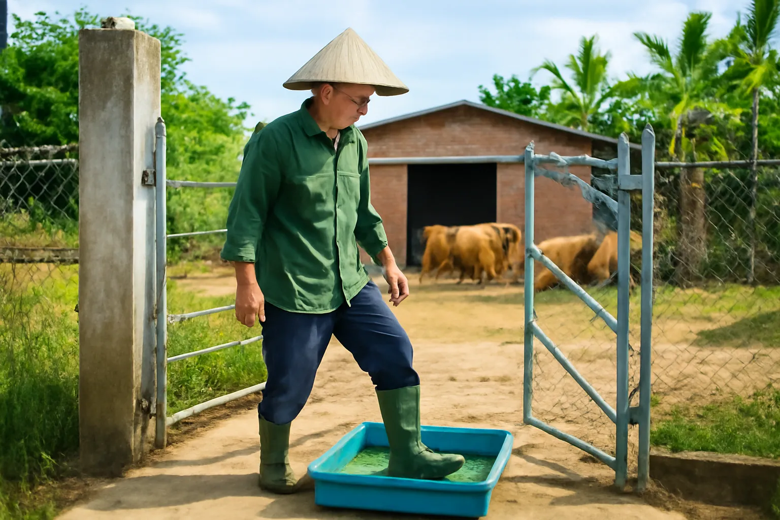 Người nuôi nhúng ủng vào khay sát trùng trước cổng trại