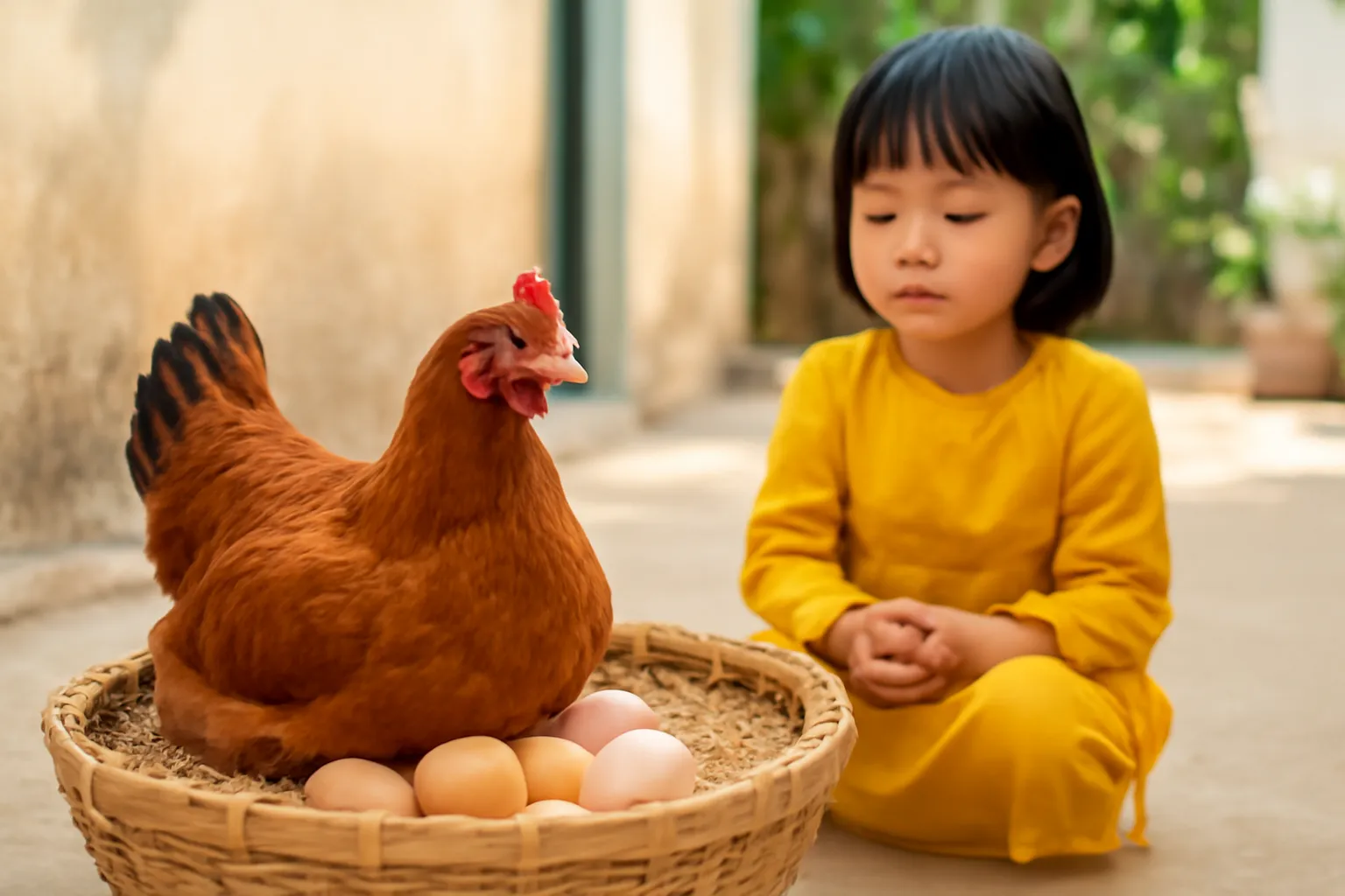 Gà mái ấp trong ổ tre, bé gái ngồi nhìn từ xa