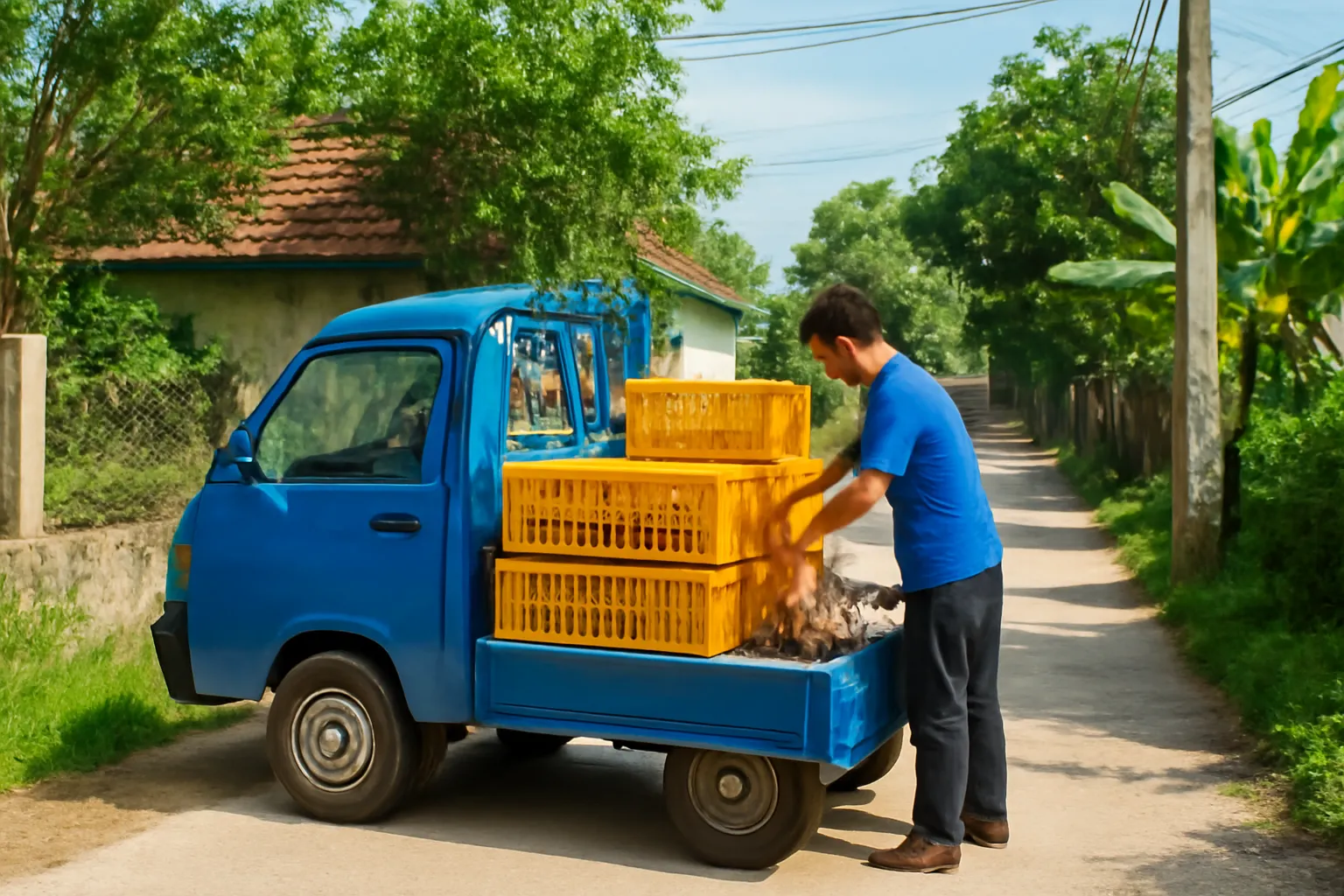 Xe tải nhỏ đậu đầu ngõ, người đàn ông bắt gà vào lồng
