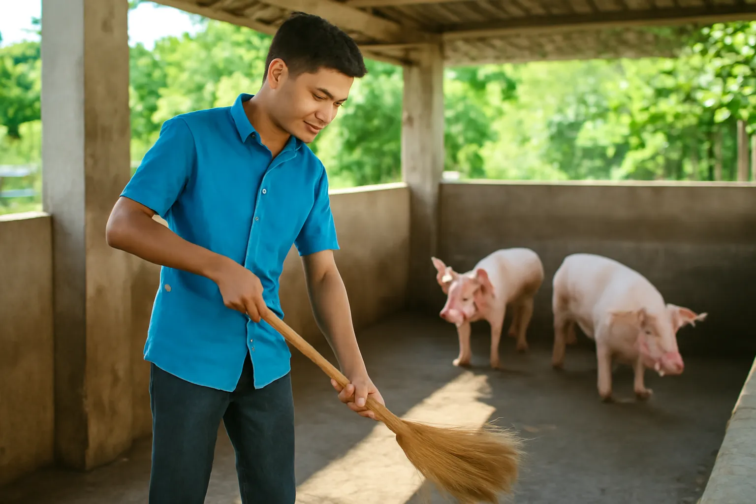 Anh thanh niên quét dọn chuồng heo xi măng sạch sẽ buổi sáng