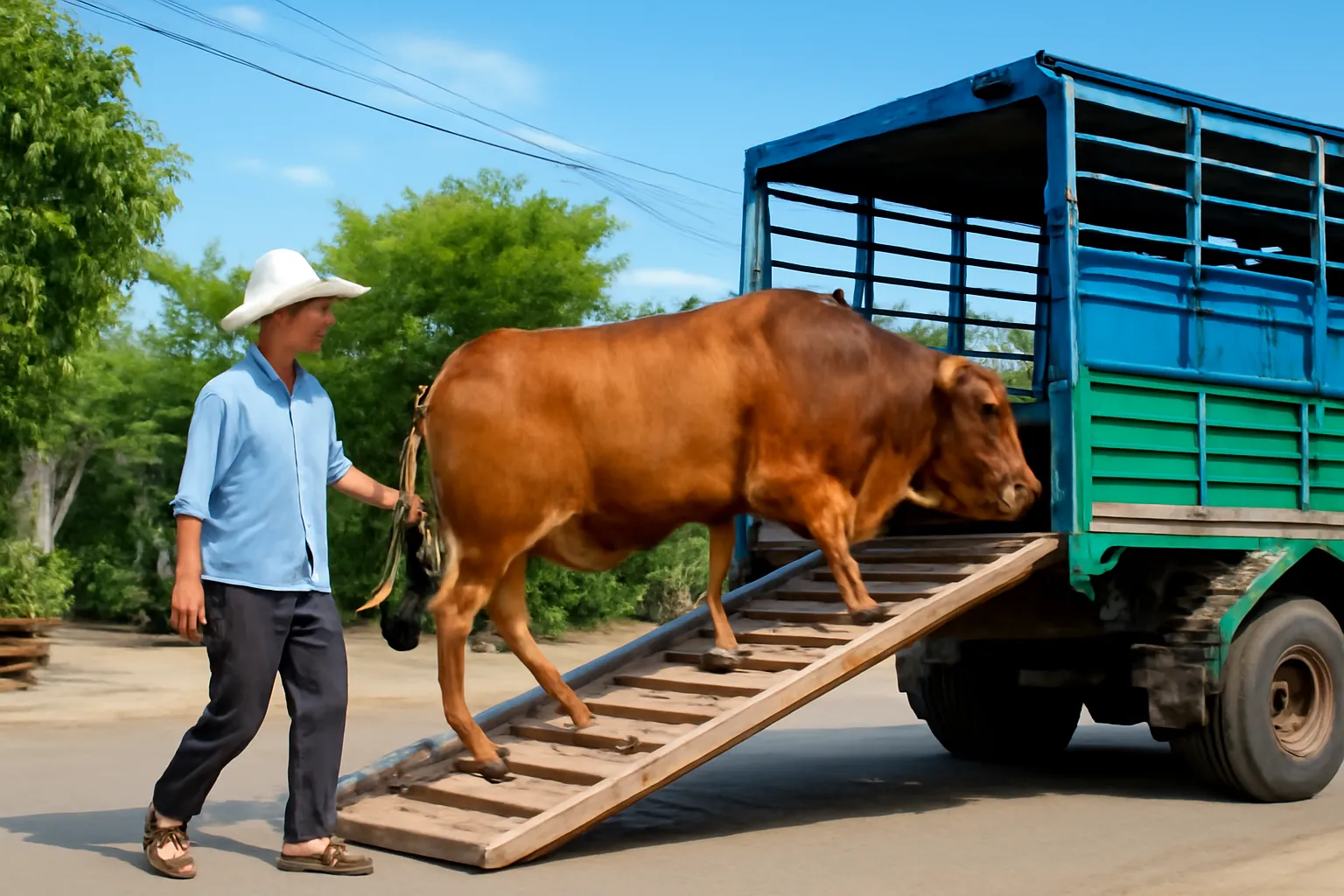 Người đàn ông dắt con bò lên cầu gỗ vào thùng xe tải