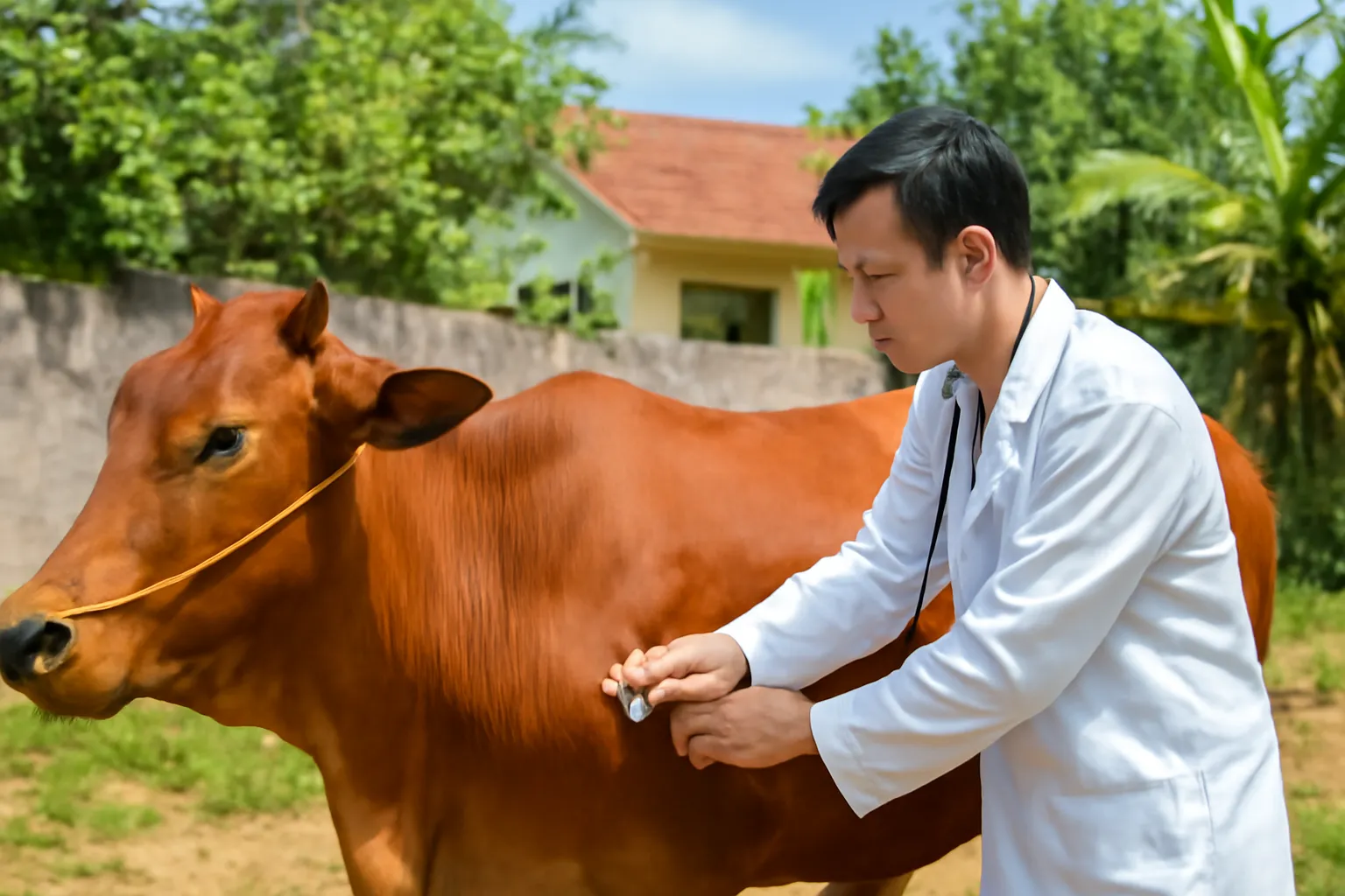 Cán bộ thú y đứng cạnh con bò nâu, nhìn từ phía bên hông trái