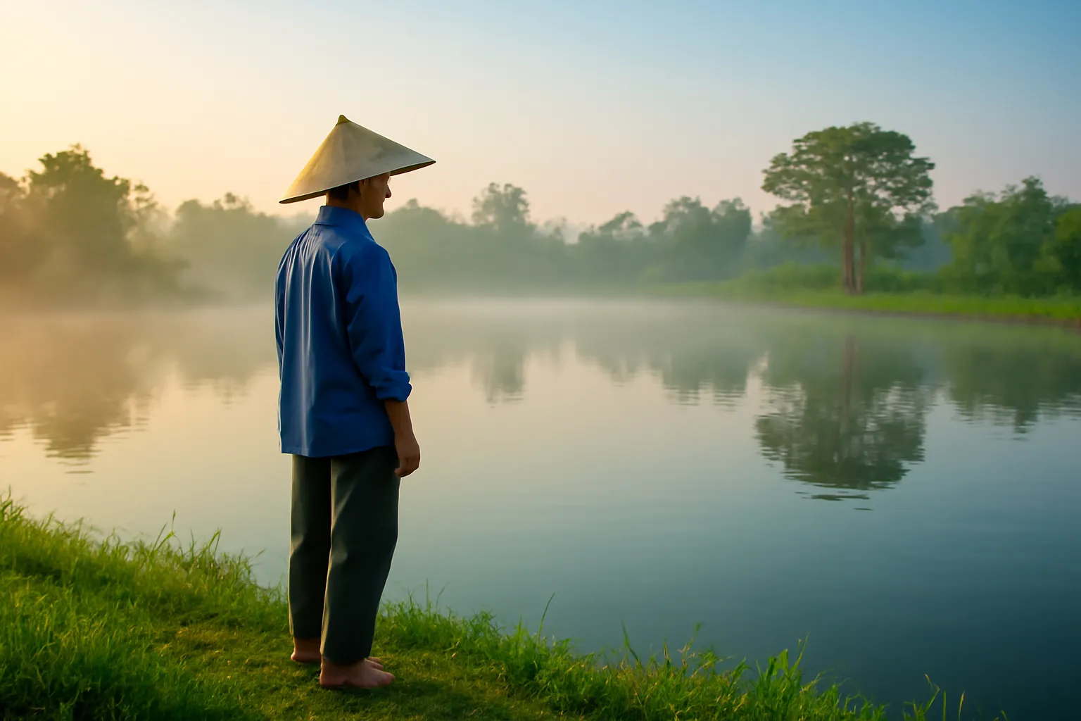 Mặt ao sương sớm mờ, người nông dân đứng bờ nhìn mặt nước