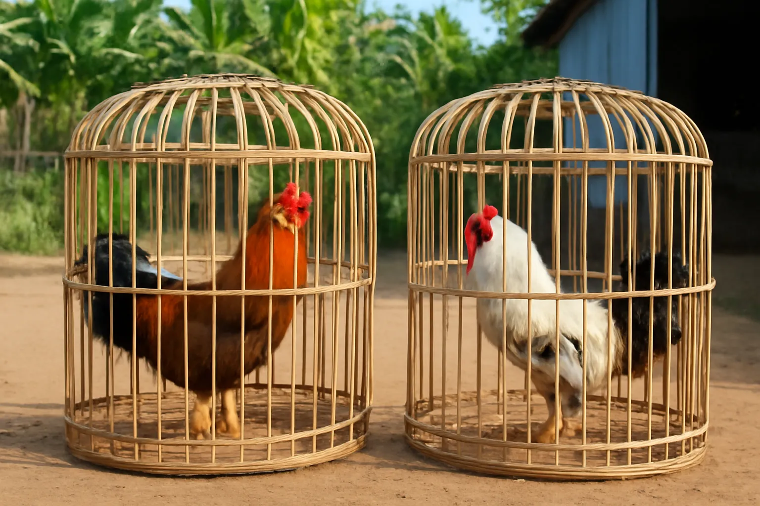 Hai con gà trống khác dòng đứng trong hai lồng tre riêng