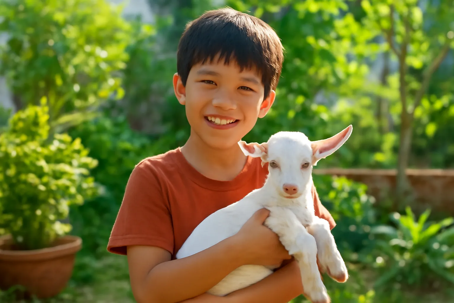 Cậu bé bế chú dê con trắng trong vườn nhà buổi sáng