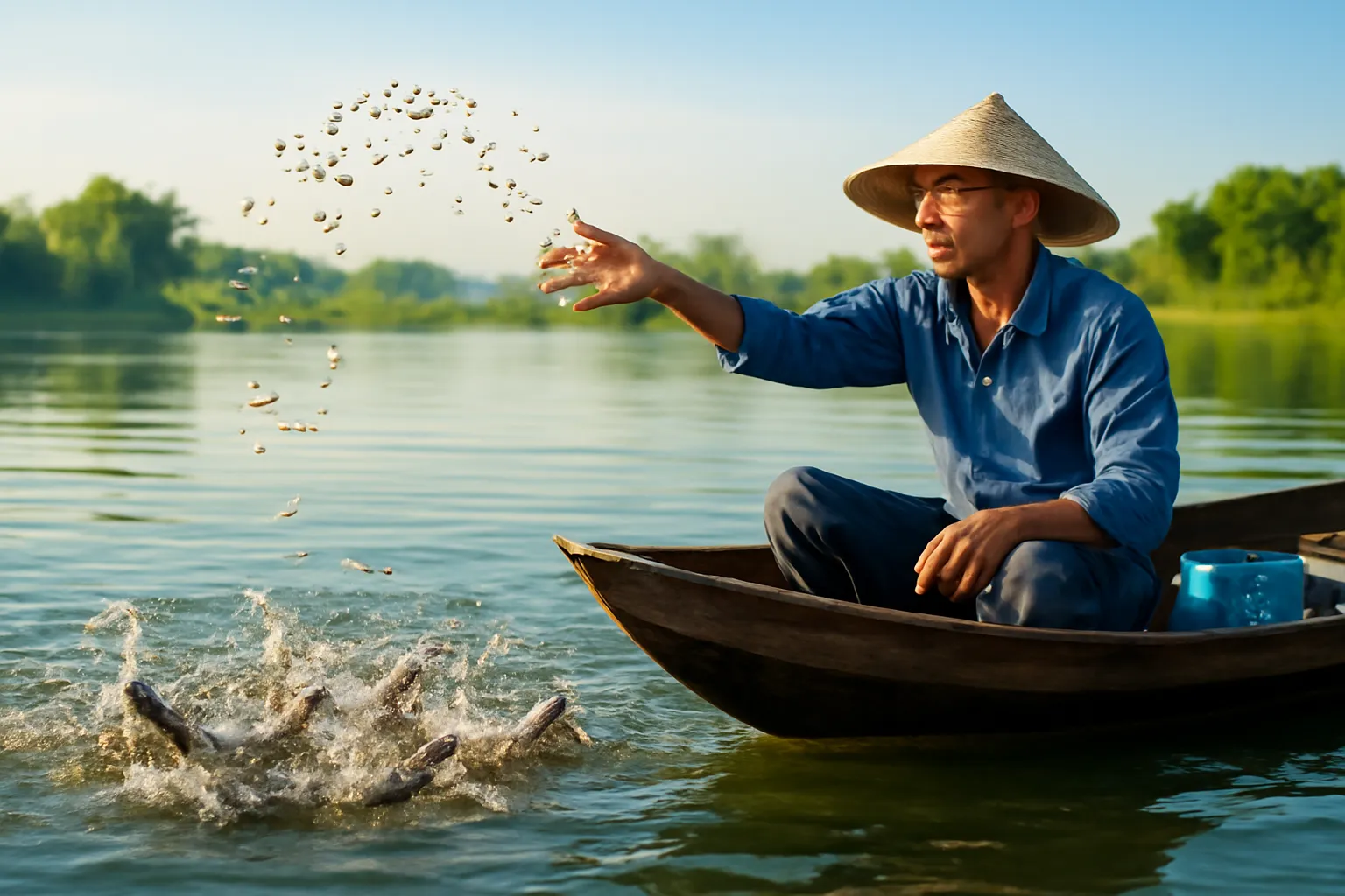 Người ngồi trên thuyền nhỏ rải thức ăn, đàn cá quẫy mặt nước