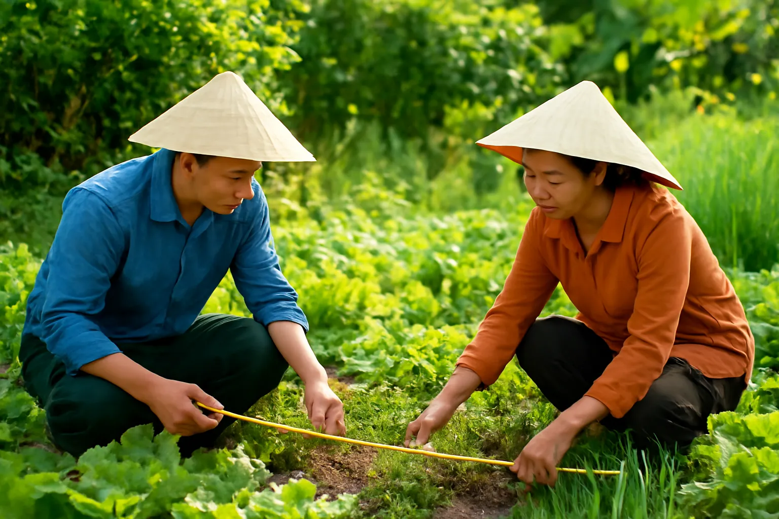 Hai người đo đất bằng thước dây ở góc vườn cây xanh