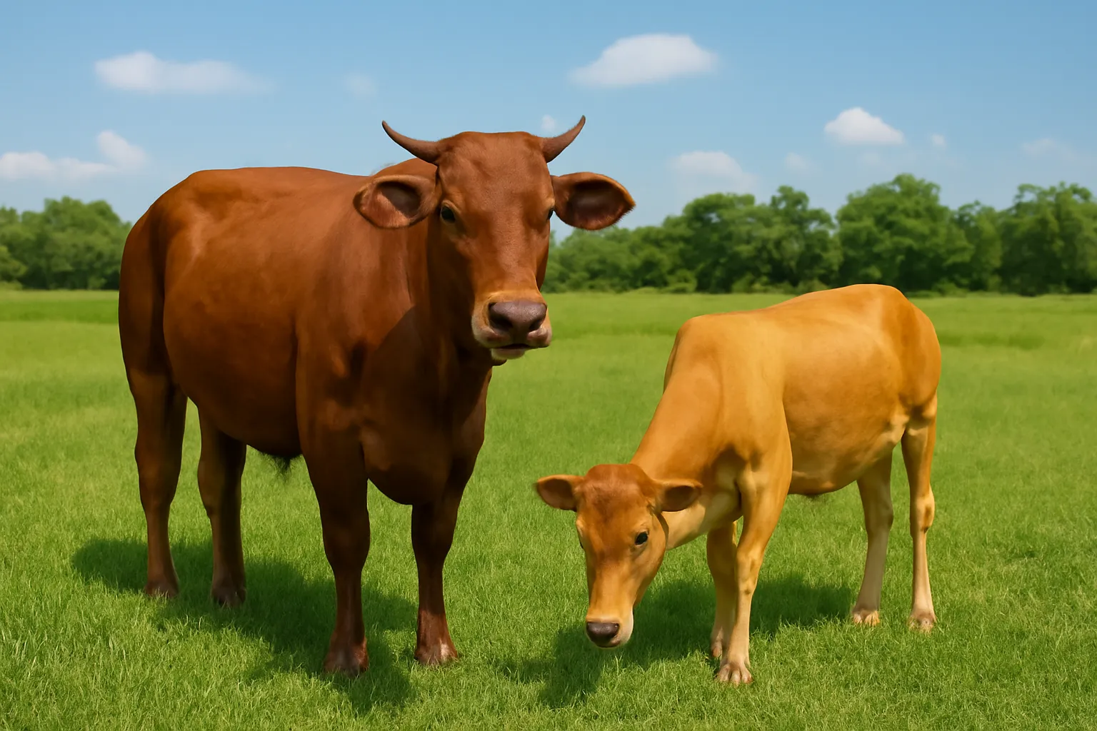 Con bò lai to lớn đứng cạnh con bò vàng nhỏ trên bãi chăn