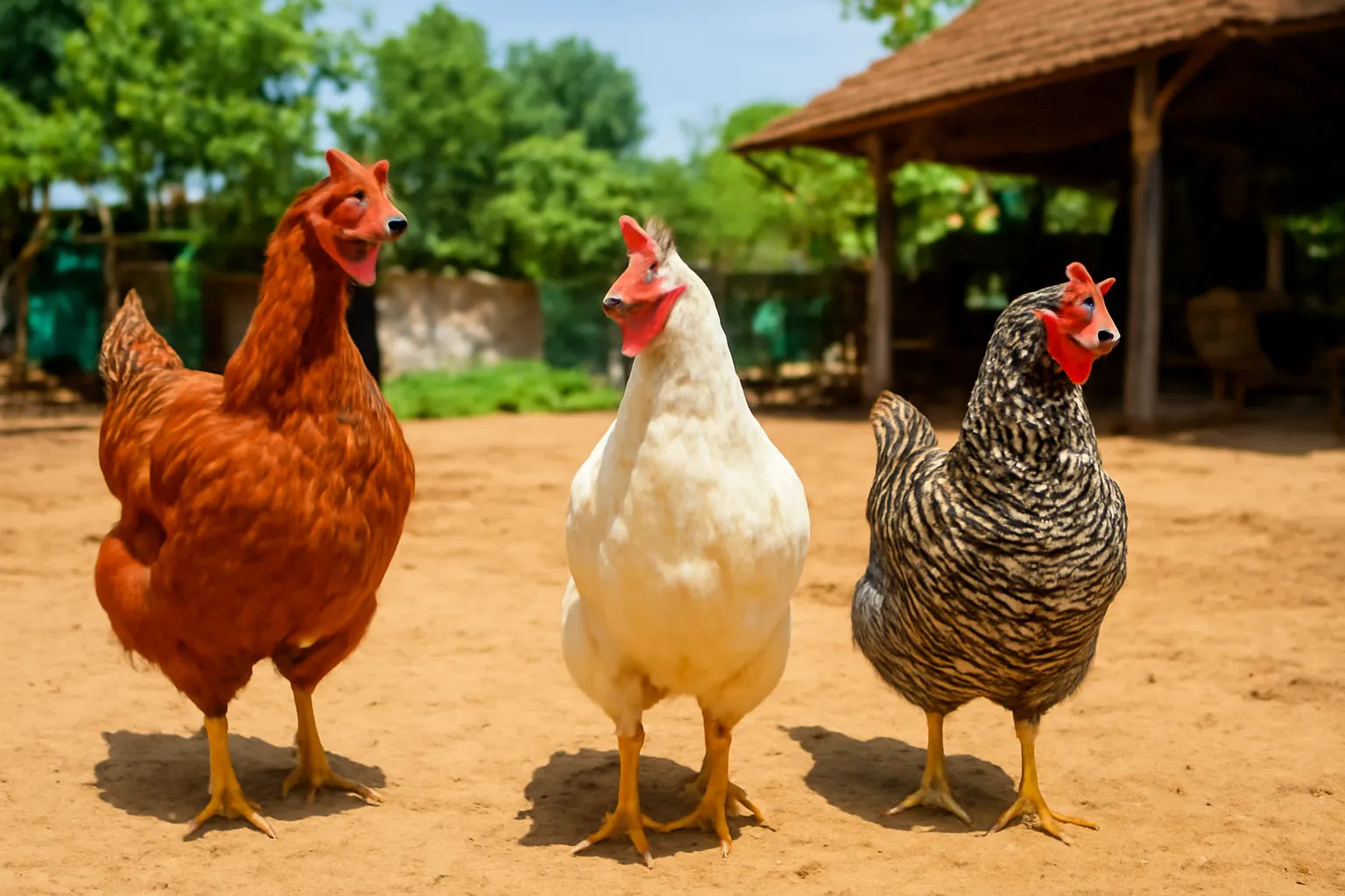 Ba con gà khác giống đứng trên sân đất buổi sáng