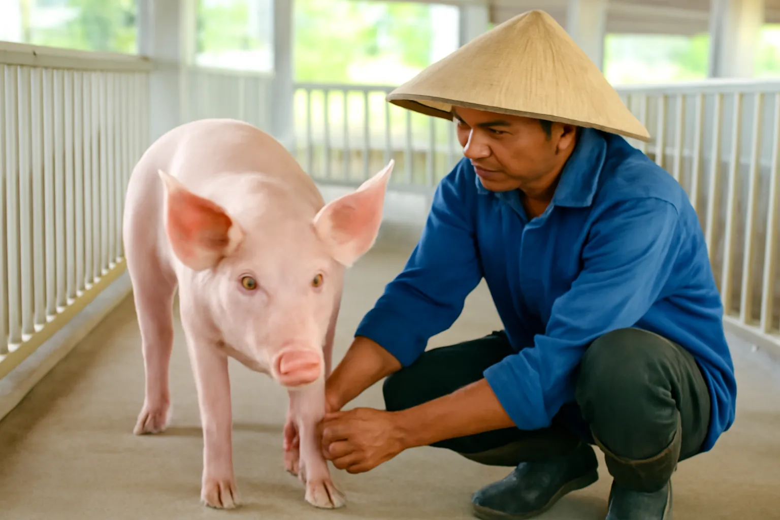 Người nuôi ngồi xem chân con heo cái tơ trong chuồng sạch