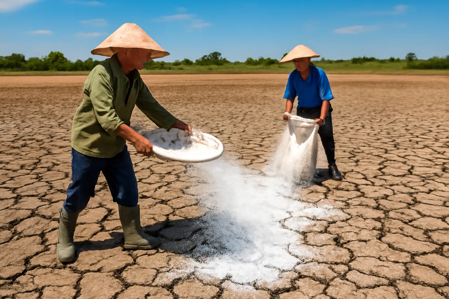 Đáy ao khô nứt nẻ, hai người đang rải vôi bột trắng