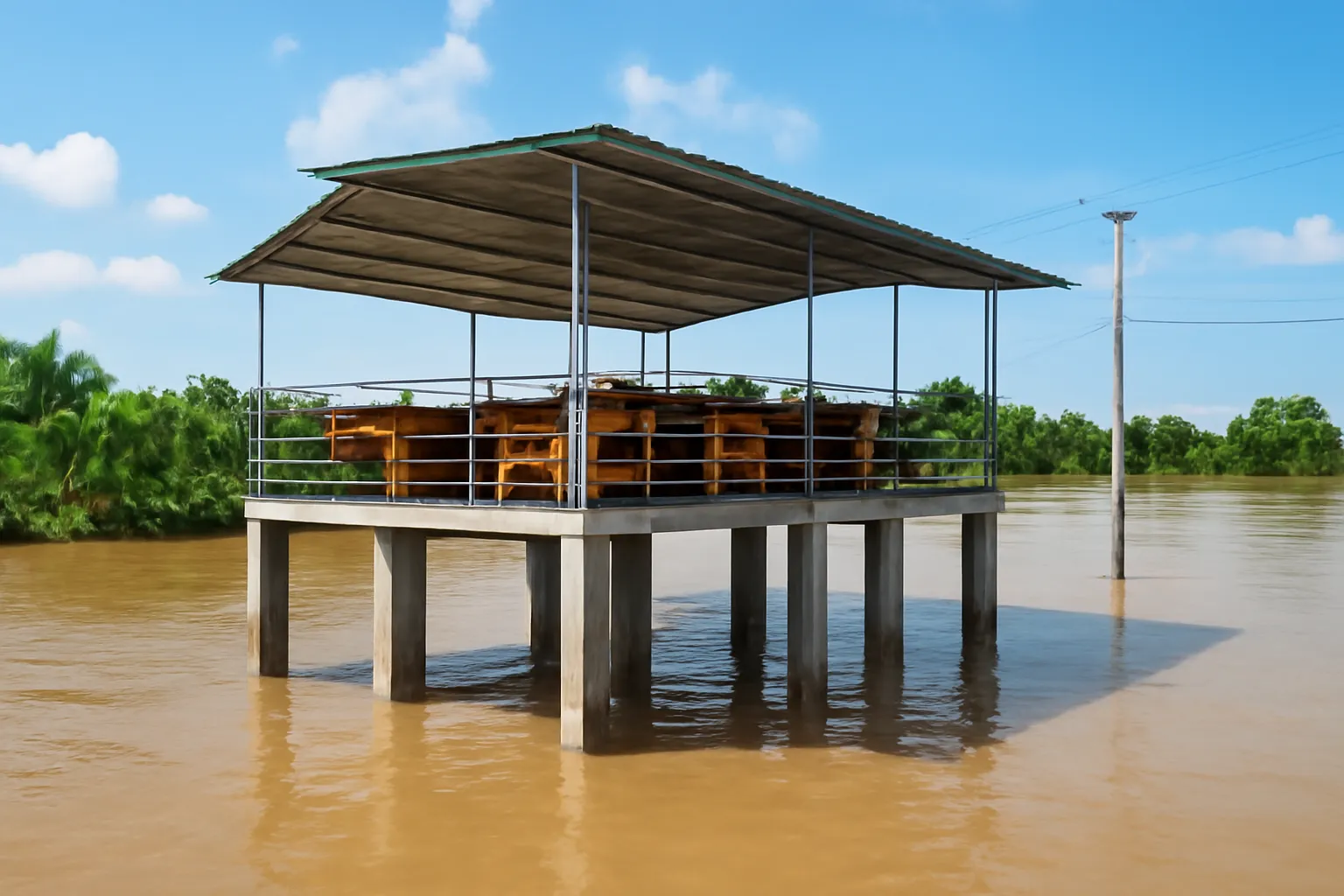 Sàn chuồng nâng cao trên cột bê tông, nước lũ dâng phía dưới