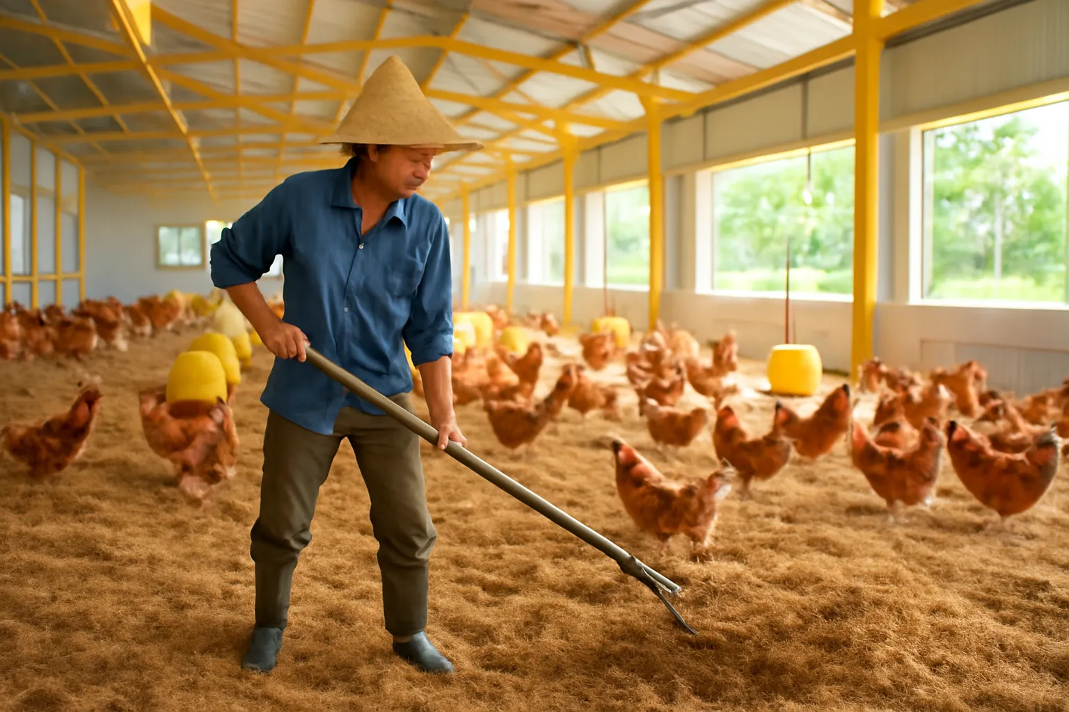 Người nuôi dùng chĩa đảo lớp mùn cưa trong chuồng gà
