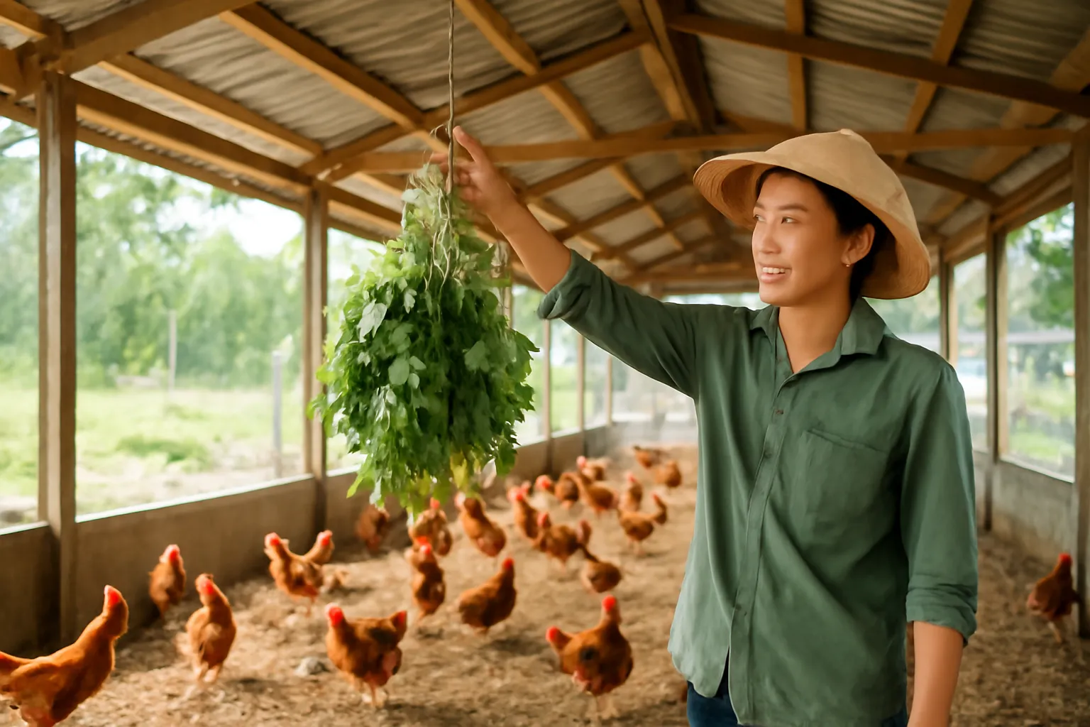 Người nuôi trẻ treo bó rau xanh cho đàn gà mổ trong chuồng thả
