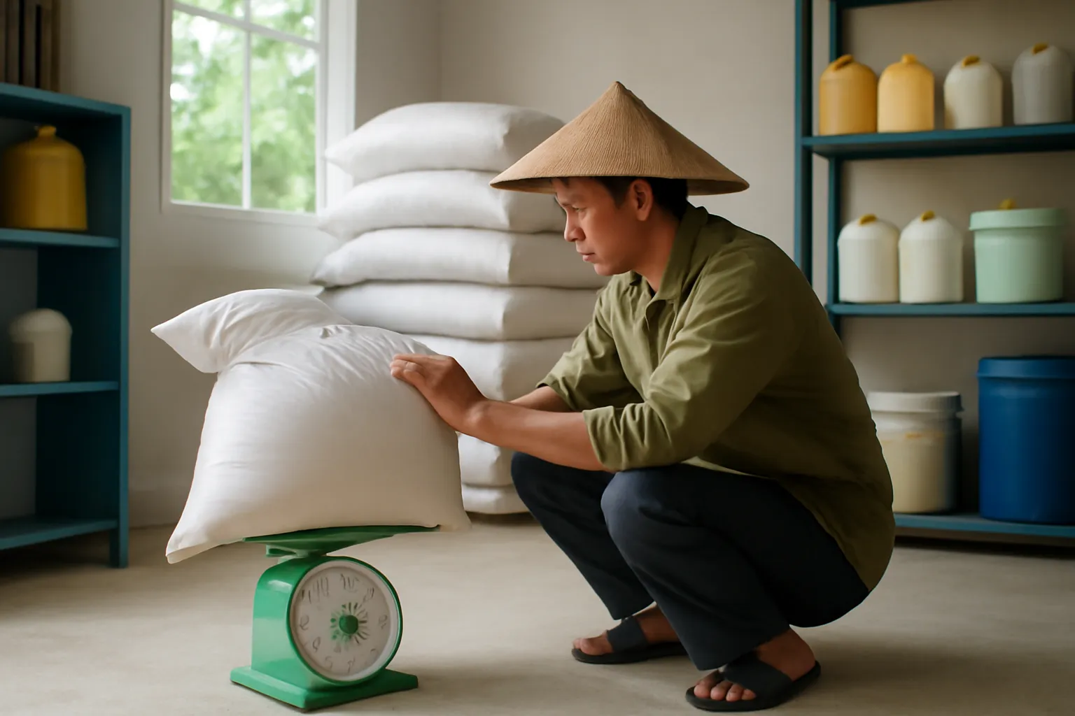 Người nuôi heo cân bao cám bằng cân đồng hồ trong kho