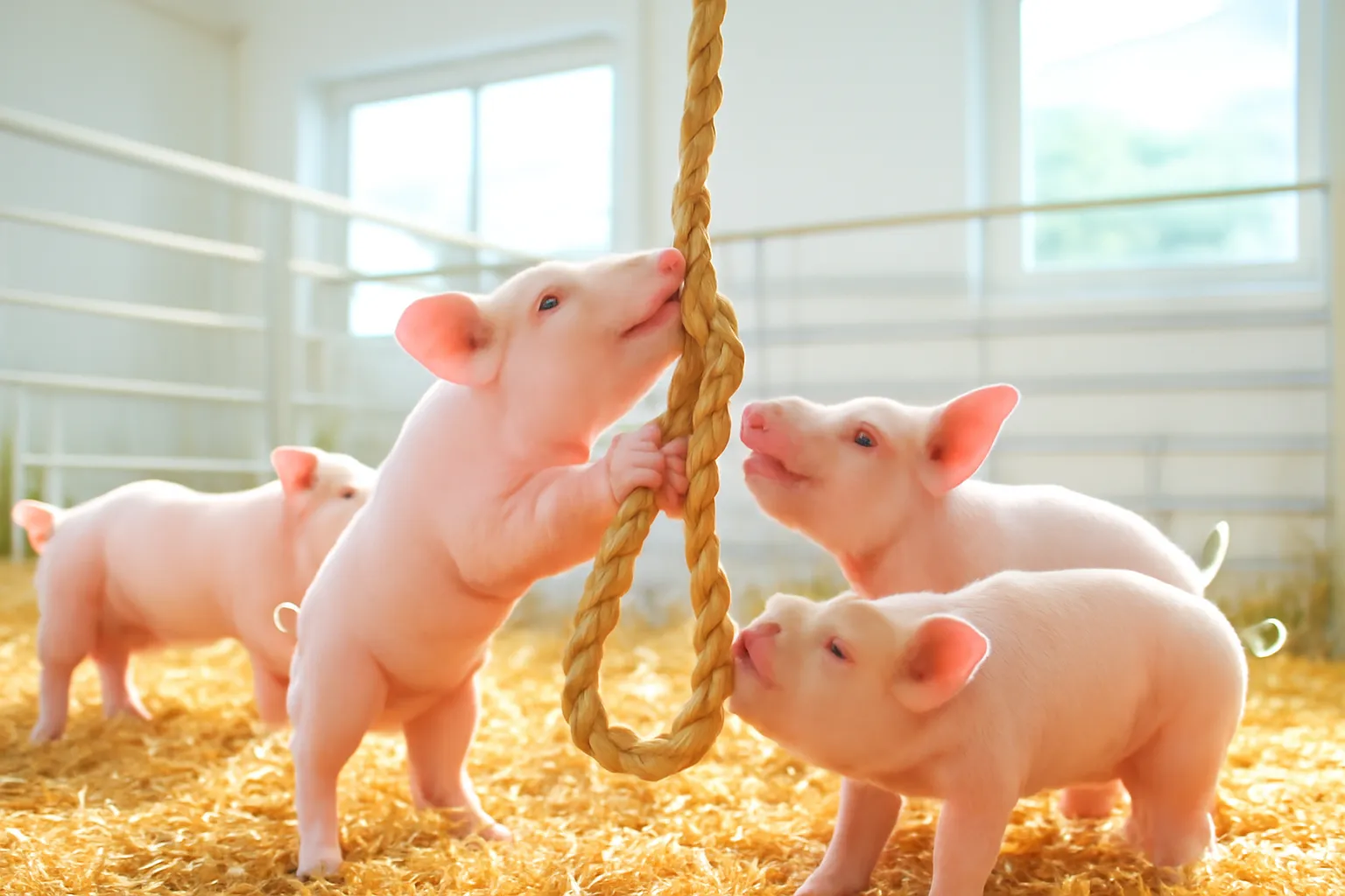 Đàn heo choai nghịch sợi dây thừng treo trong chuồng