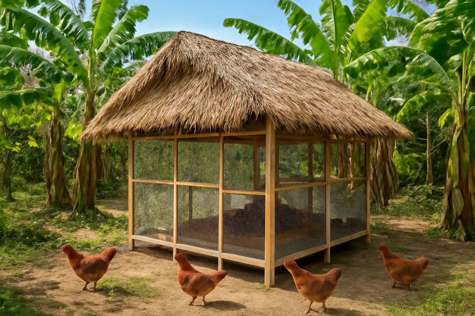 Chuồng gà lưới mái lá đặt giữa vườn chuối xanh