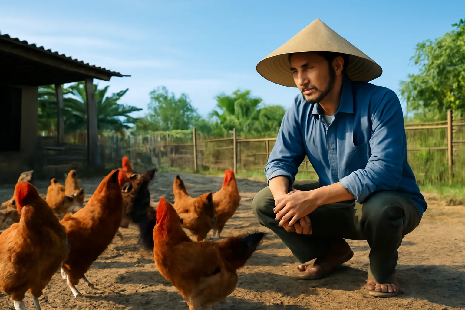 Người nuôi ngồi xổm lặng lẽ quan sát đàn gà buổi sáng sớm