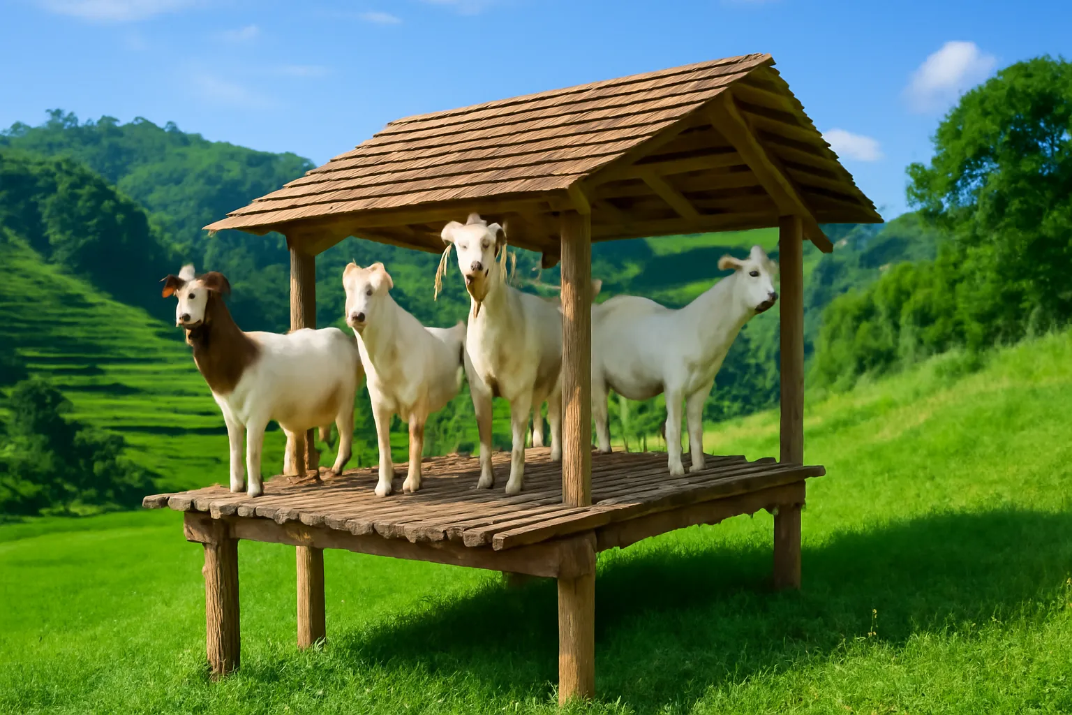 Đàn dê đứng trên chuồng sàn gỗ ở sườn đồi xanh