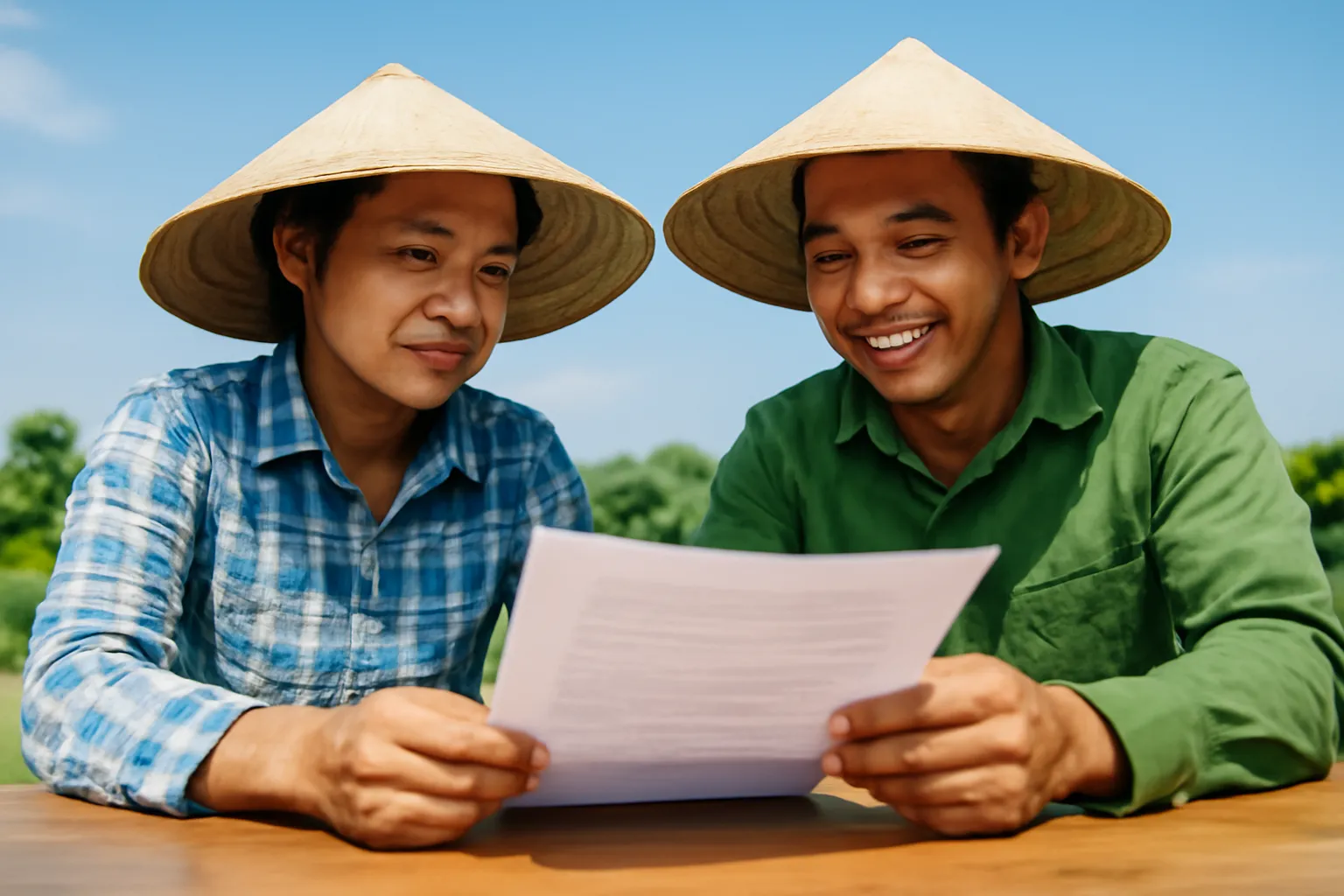 Hai người ngồi bên bàn gỗ đọc giấy tờ, trang giấy chụp góc thấp