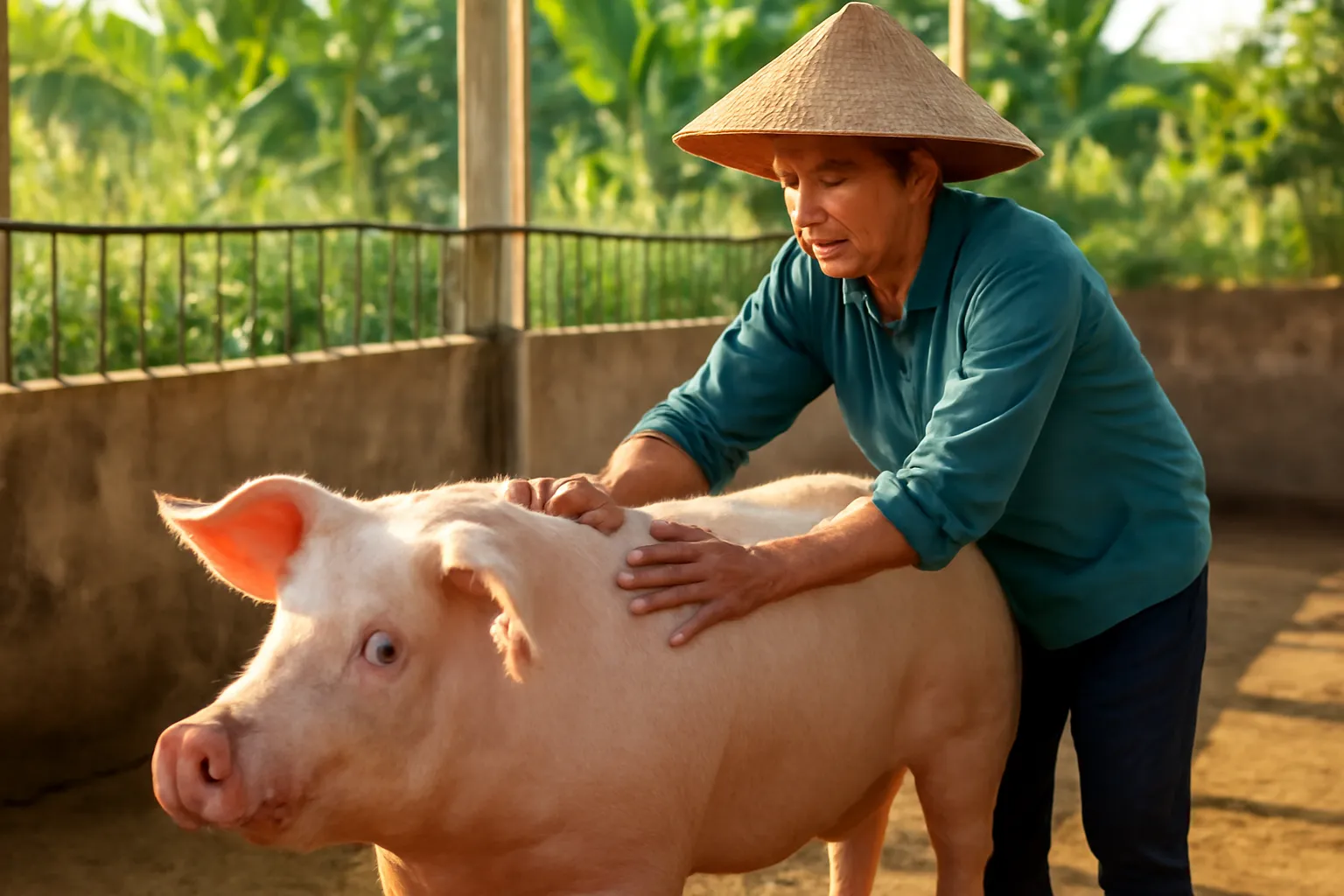 Người nông dân đứng quan sát heo nái trong chuồng buổi chiều