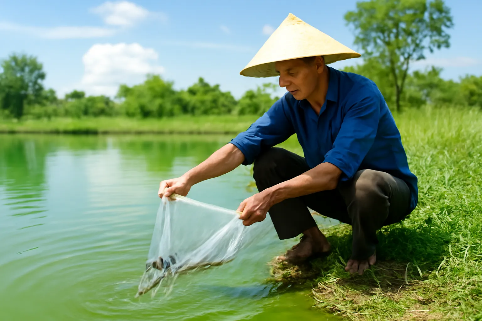 Người nông dân thả túi cá giống xuống mặt ao từ bờ