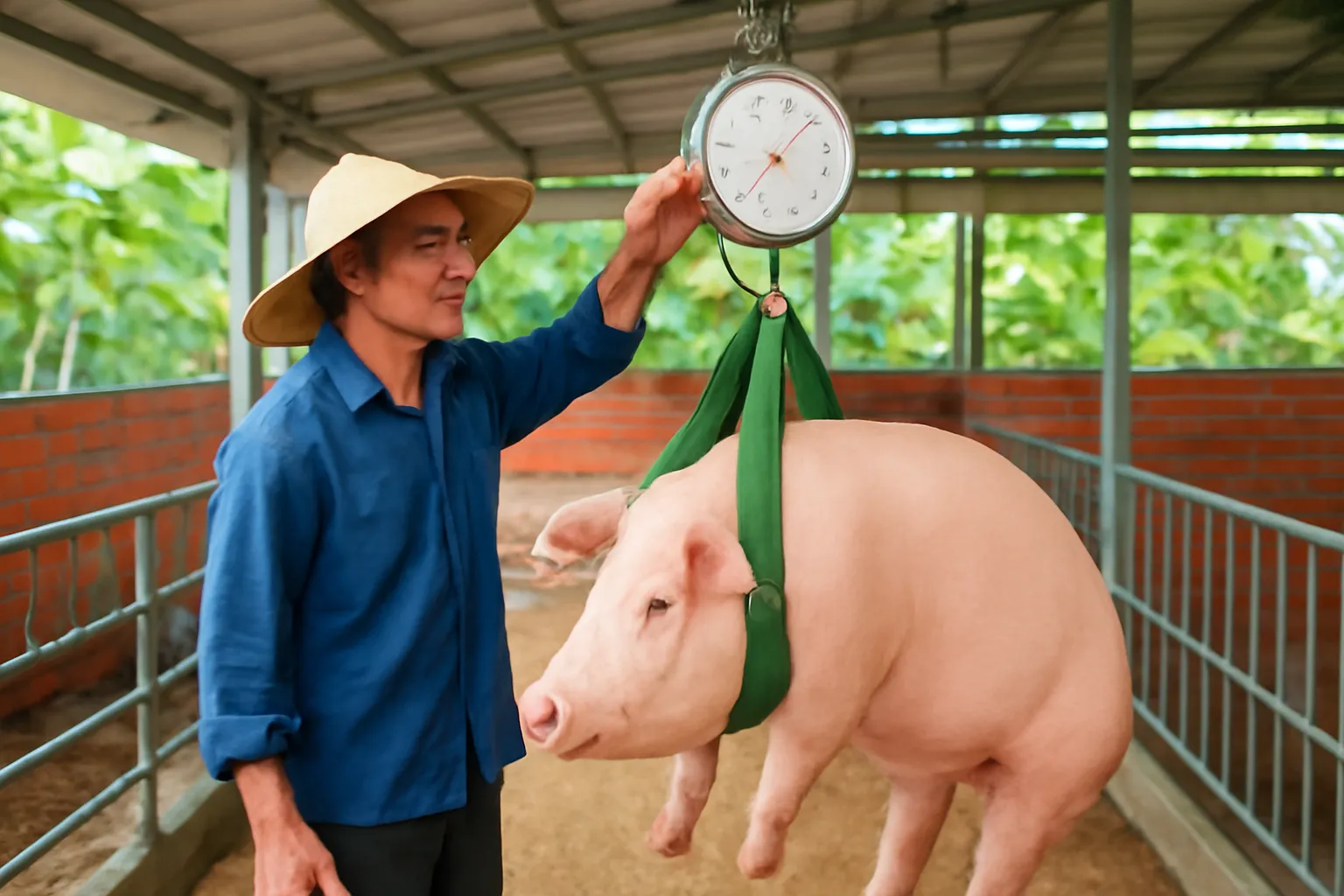 Người nông dân cân con heo bằng cân treo trong chuồng