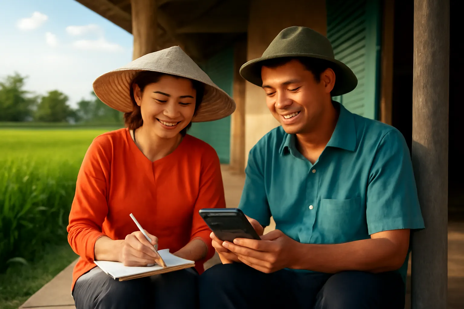 Hai vợ chồng ngồi ở hiên nhà với máy tính bỏ túi và cuốn sổ