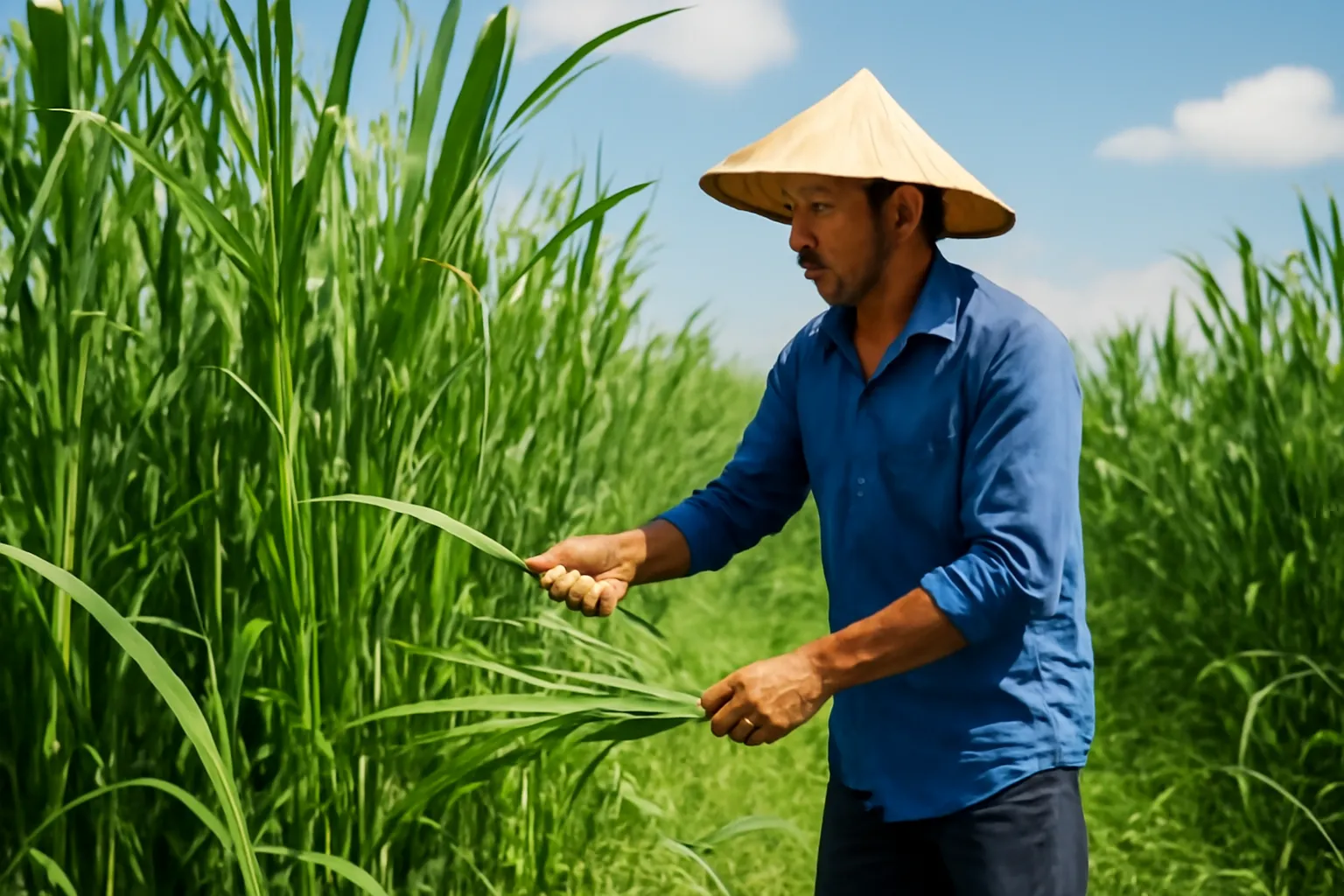Người đàn ông cắt cỏ voi cao ngang vai bằng liềm