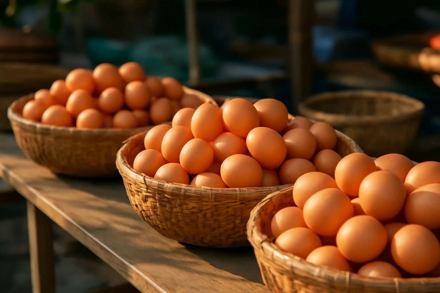 Rổ trứng gà xếp gọn ở sạp chợ quê buổi sáng sớm