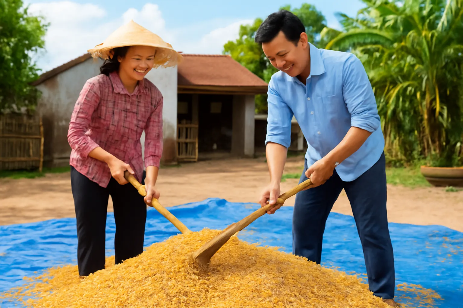 Hai vợ chồng trộn cám trên tấm bạt xanh bằng xẻng