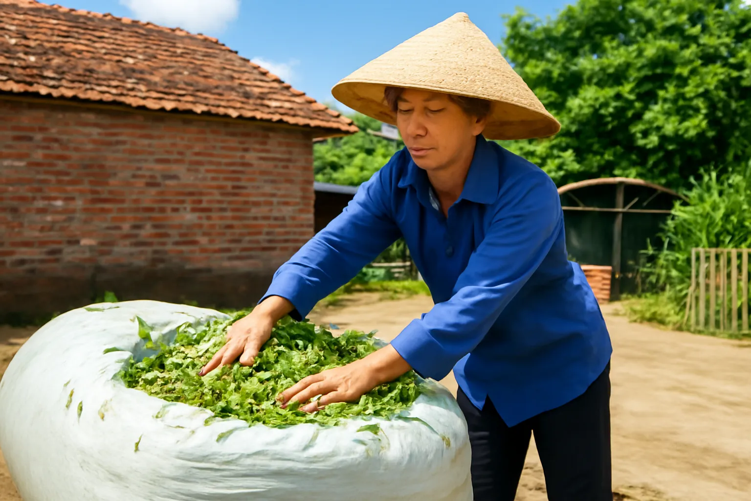 Người nông dân nén thân ngô băm nhỏ vào bao ủ lớn