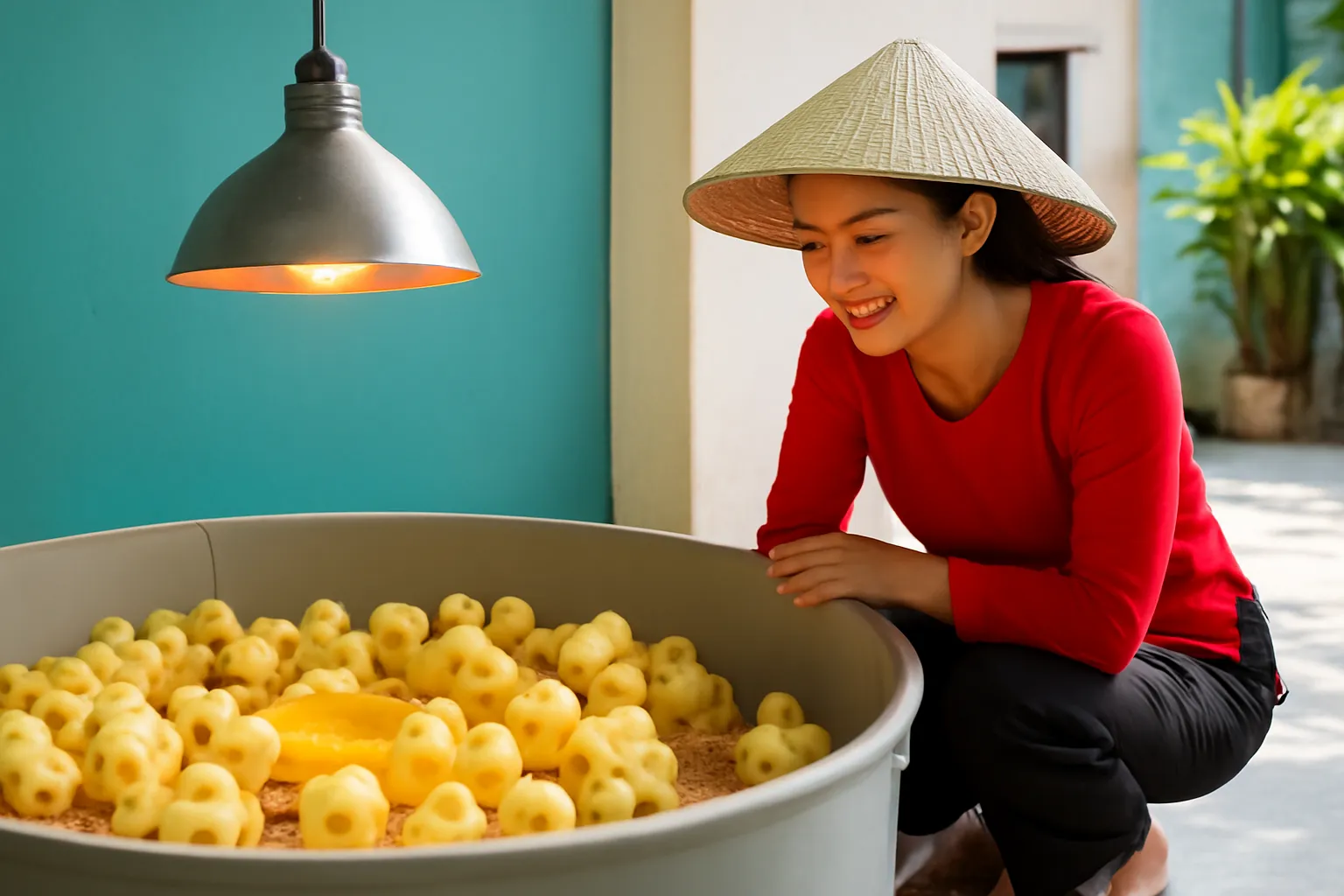 Chị nông dân cúi xem quây úm gà con dưới bóng đèn sưởi