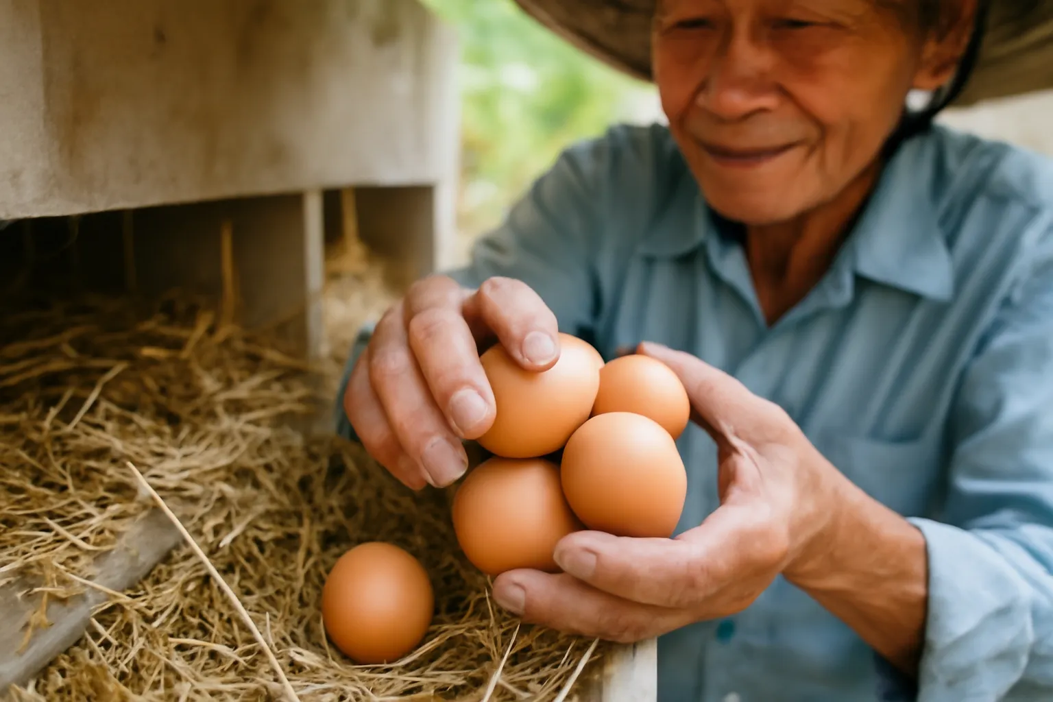 Ông lão nhặt trứng gà trong ổ rơm, cận cảnh đôi tay