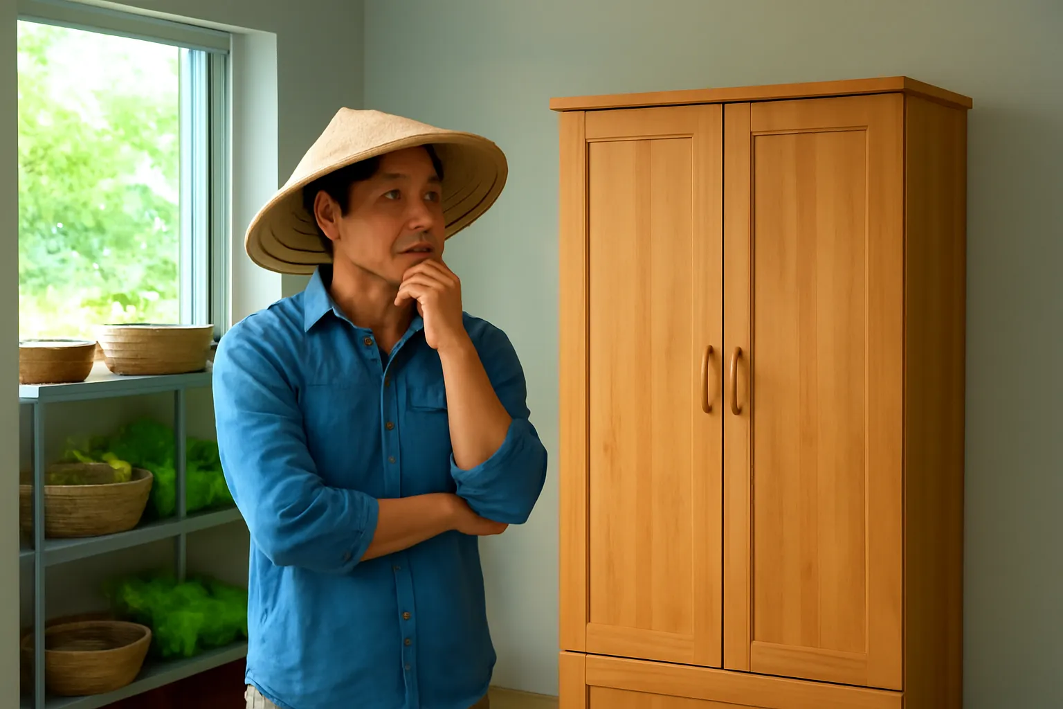 Tủ gỗ đóng kín trong nhà kho, người nông dân đứng tư lự bên cạnh