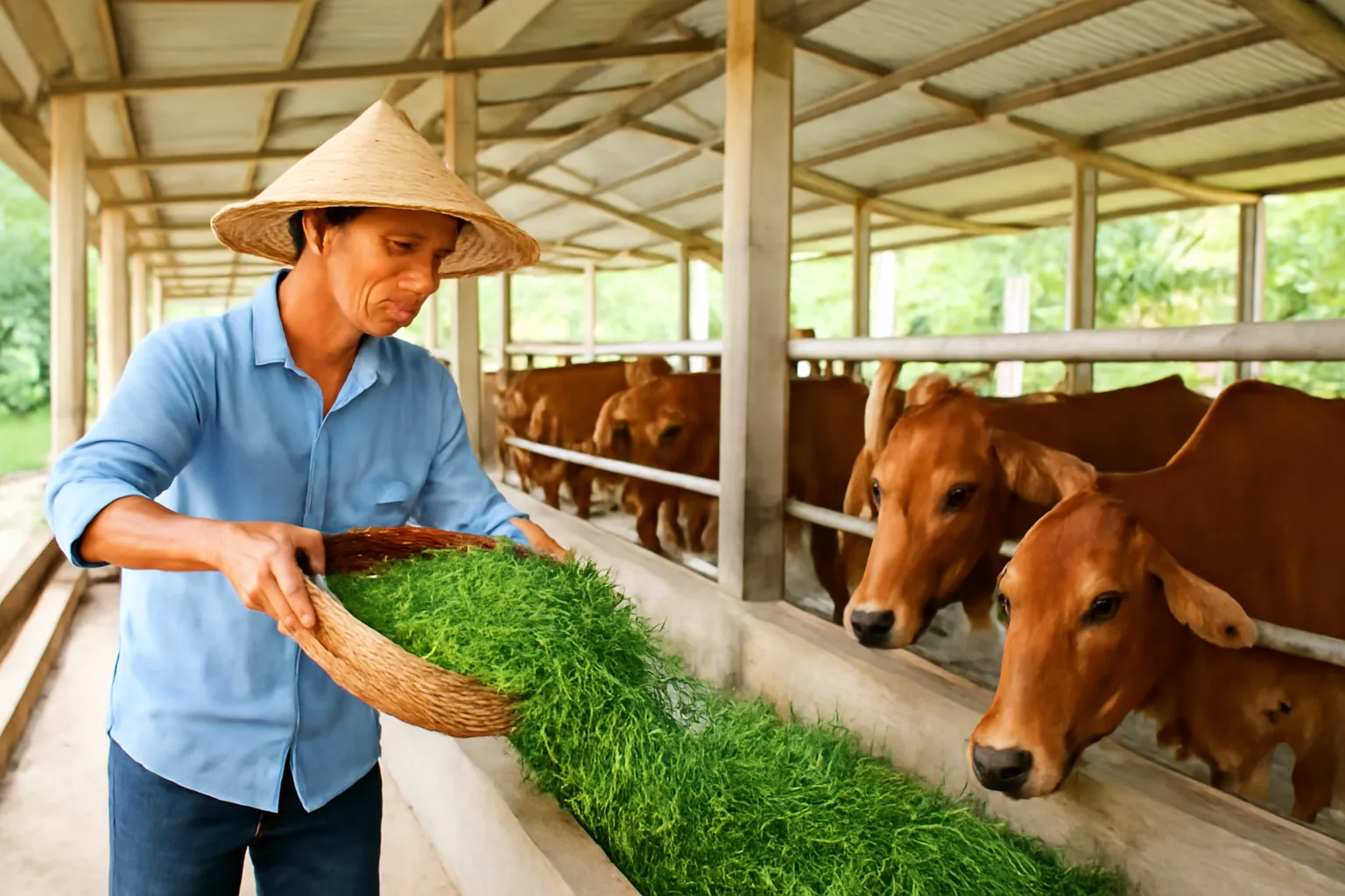 Người đàn ông đổ cỏ vào máng cho bò trong chuồng mái tôn